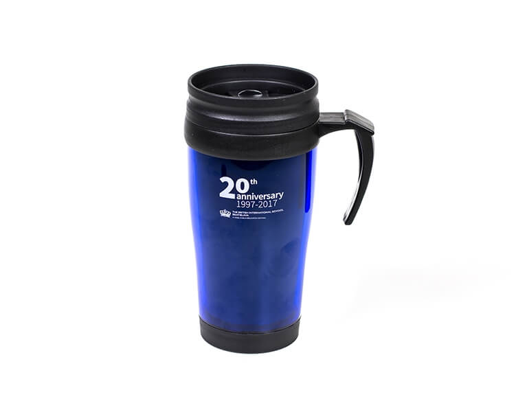 Tampónová potlač logo 20th Anniversary na termo hrnček