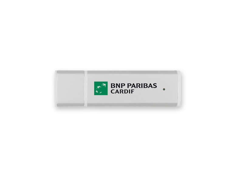 Tampónová potlač logo BNP Paribas Cardif na USB kľúč