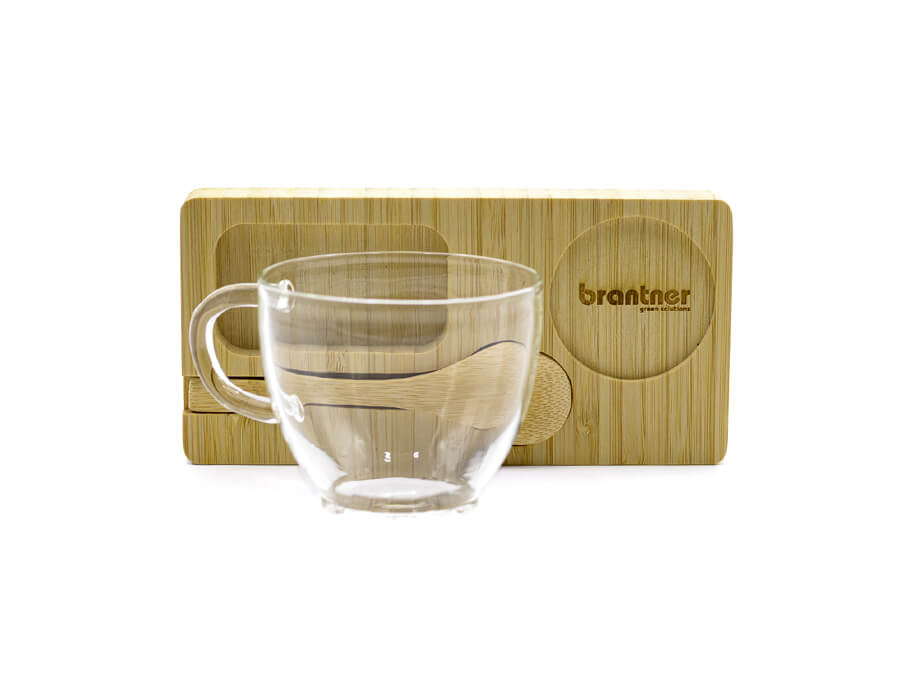 Dřevěný set šálku s tácem a lžičkou