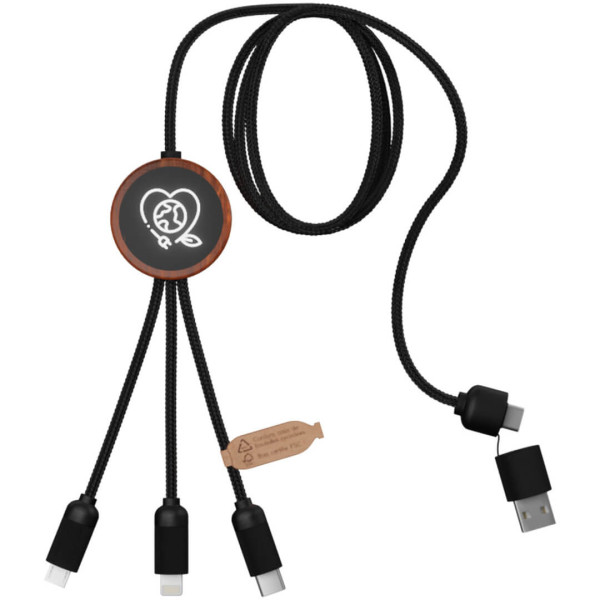 Nabíjací kábel 3v1 z rPET so svietiacim logom a okrúhlym dreveným puzdrom SCX.design C37