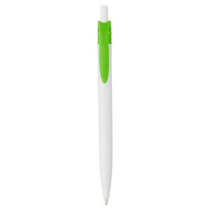 Biele plastové guľôčkové pero s modrou náplňou a svetlo zeleným klipom - Reklamnepredmety