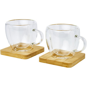Súprava 2 sklenených pohárov s dvojitou stenou s objemom 100 ml s bambusovým tanierikom Manti - Reklamnepredmety