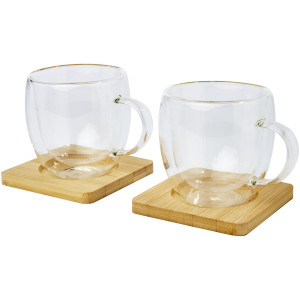 Súprava dvoch sklenených dvojstenných pohárov s objemom 250 ml s bambusovými tanierikmi Manti - Reklamnepredmety