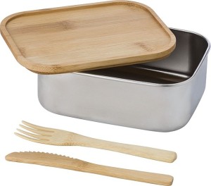 Nerezový lunchbox 600ml s bambusovým vekom a príborom - Reklamnepredmety