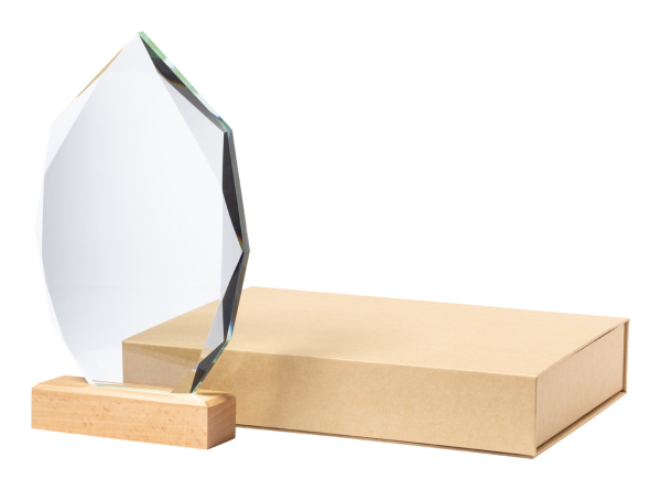 Sklenená trofej s dreveným podstavcom