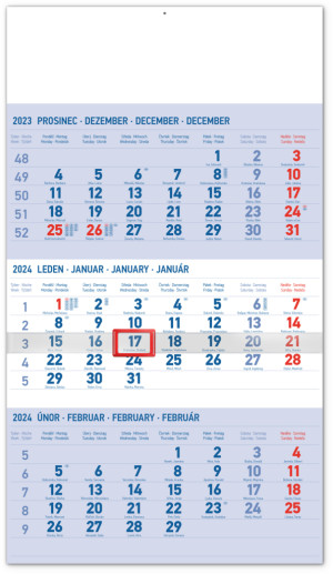Nástenný kalendár 3-mesačný štandard modrý – s českými menami CZ 2024 - Reklamnepredmety