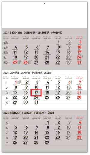 Nástenný kalendár 3-mesačný štandard šedý – so slovenskými menami 2024 - Reklamnepredmety