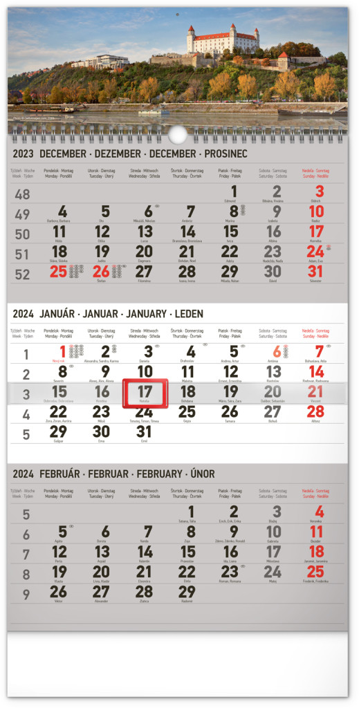 Nástenný kalendár 3-mesačný Bratislava šedý – so slovenskými menami 2024