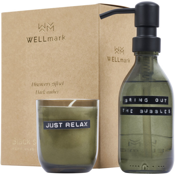 Wellmark Discovery dávkovač mydla na ruky 200ml a 150g sada vonných sviečok - s vôňou dark amber