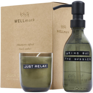 Wellmark Discovery dávkovač mydla na ruky 200ml a 150g sada vonných sviečok - s vôňou dark amber - Reklamnepredmety