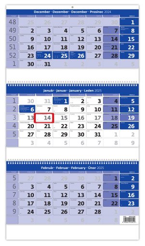 Trojmesačný kalendár modrý so špirálou a s menným kalendáriom - Reklamnepredmety