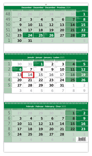 Trojmesačný kalendár zelený so špirálou a s menným kalendáriom - Reklamnepredmety