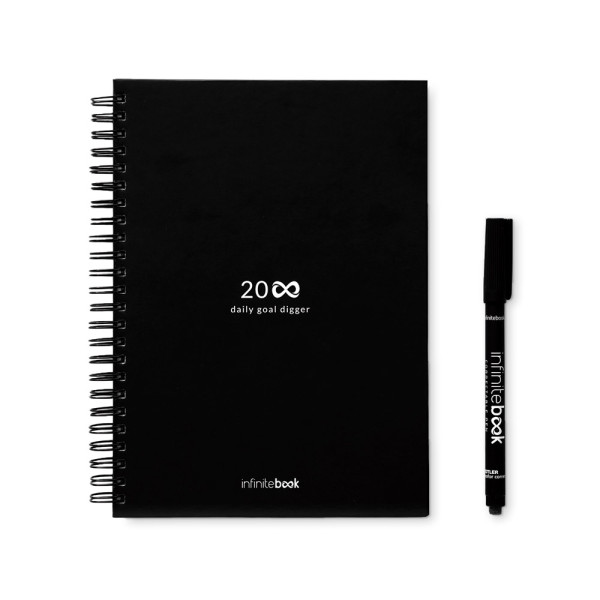STARTER KIT INFINITE PLANNER A5. Sada obsahuje nekonečný diár A5, čistiacu súpravu, fixku a držiak na fixky