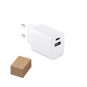 WEGENER. Napájací adaptér s USB-A portom 18W a USB-C 20W v recyklovaného ABS-a (100% rABS) - Reklamnepredmety