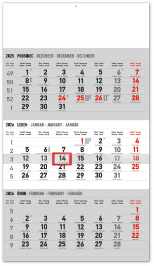 NOTIQUE Nástenný kalendár 3-mesačný štandard sivý – s českými menami CZ 2026, 29,5 x 43 cm - Reklamnepredmety