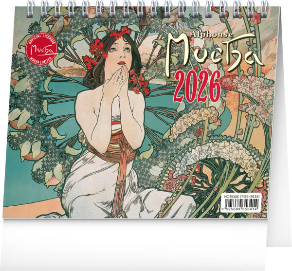 NOTIQUE Stolový kalendár Alfons Mucha CZ 2026, 16,5 x 13 cm