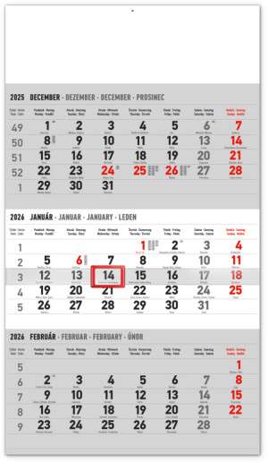 NOTIQUE Nástenný kalendár 3-mesačný štandard sivý – so slovenskými menami 2026, 29,5 x 43 cm - Reklamnepredmety