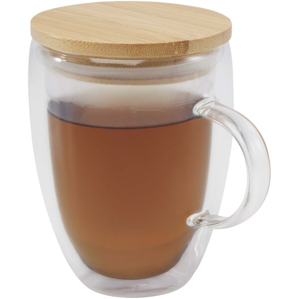 Skleněný hrnek Leona s objemem 350 ml a bambusovým víčkem