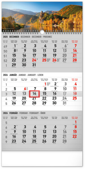 NOTIQUE Nástenný kalendár 3-mesačný Krajina sivý – so slovenskými menami 2026, 29,5 x 43 cm - Reklamnepredmety