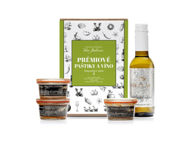 Prémiové paštéty a víno – degustačná sada 3 (bôčiková, kačacia, králičia, Veltlínske zelené)