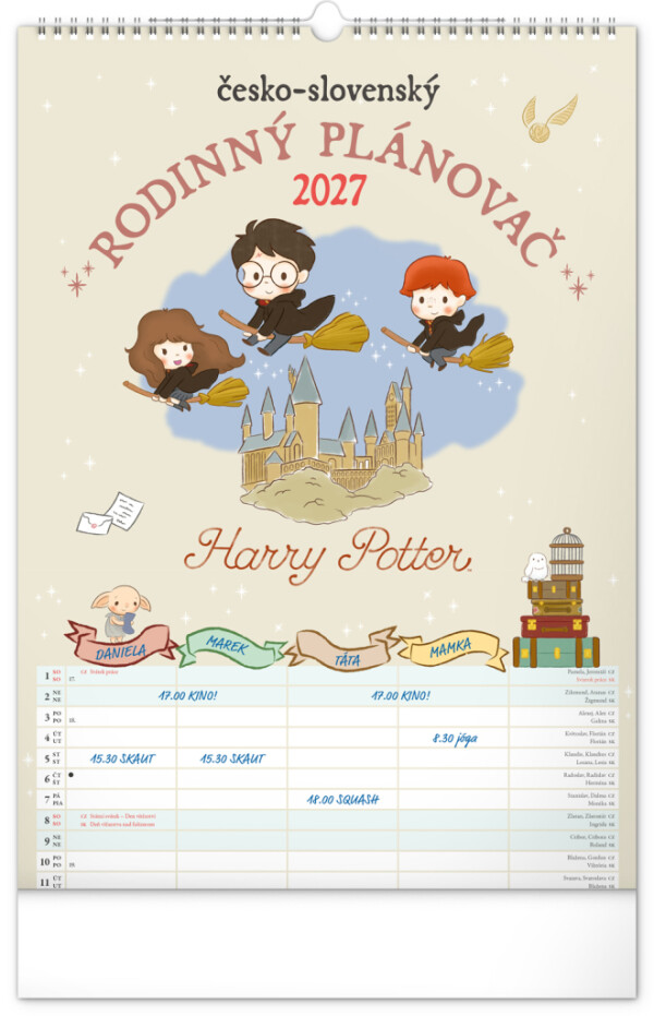NOTIQUE Nástenný kalendár Rodinný plánovací Harry Potter XL CZ/SK 2027, 33 x 46 cm