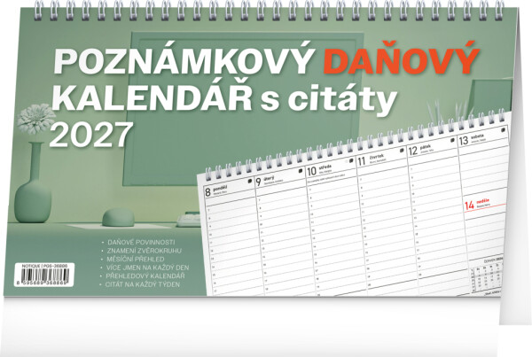 NOTIQUE Stolový kalendár Poznámkový daňový s citátmi CZ 2027, 25 x 14,5 cm