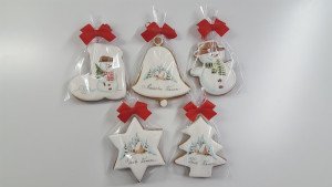 Plnofarebne maľovaný domáci perník: zvonček, hviezda, stromček, snehuliak, podkova, balený v celofáne - Reklamnepredmety