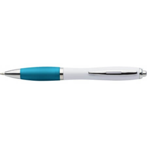 Plastové guľôčkové pero s farebnou gumovou rukoväťou, modrý atrament, - Reklamnepredmety