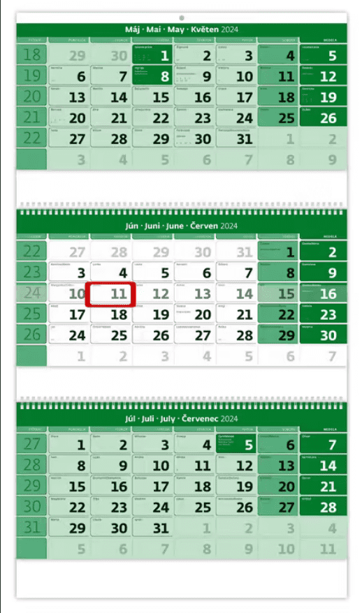 Trojmesačný kalendár zelený so špirálou